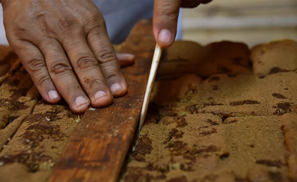 Manos de un artesano cortando muéganos de Huamantla durante el proceso de elaboración